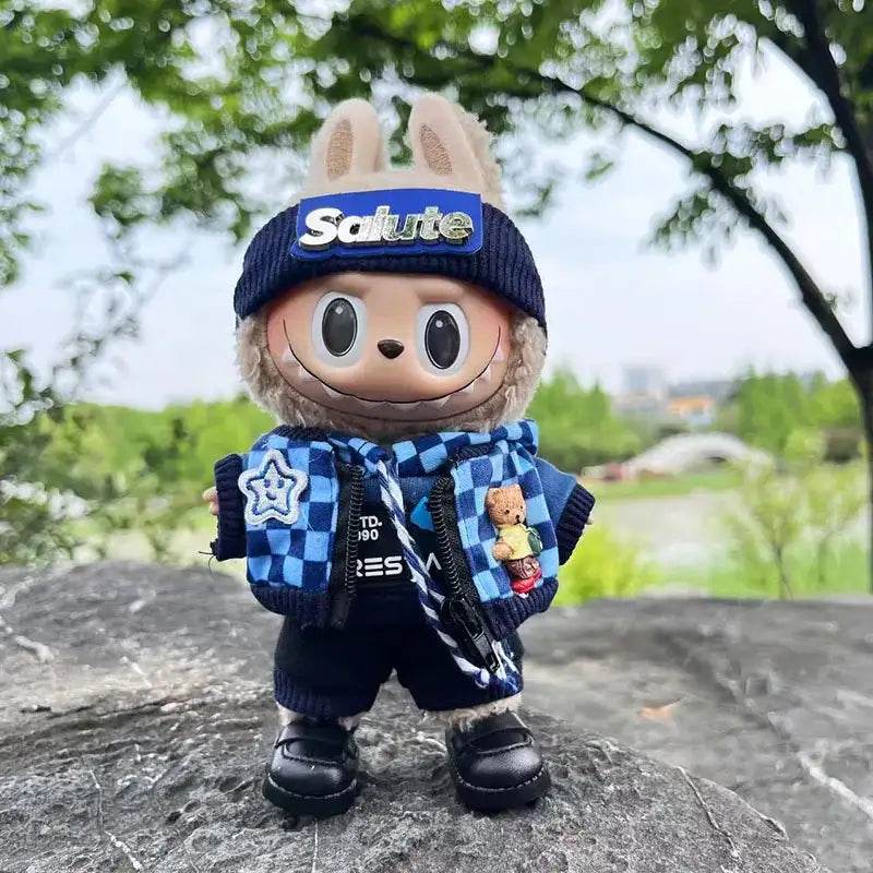 Cute Dress Outfit Clothes Only 17cm Pendant Blue Trendy Plaid Suit Keychain Salute Labubu Doll Clothes Cute Clothing - LaBuBu