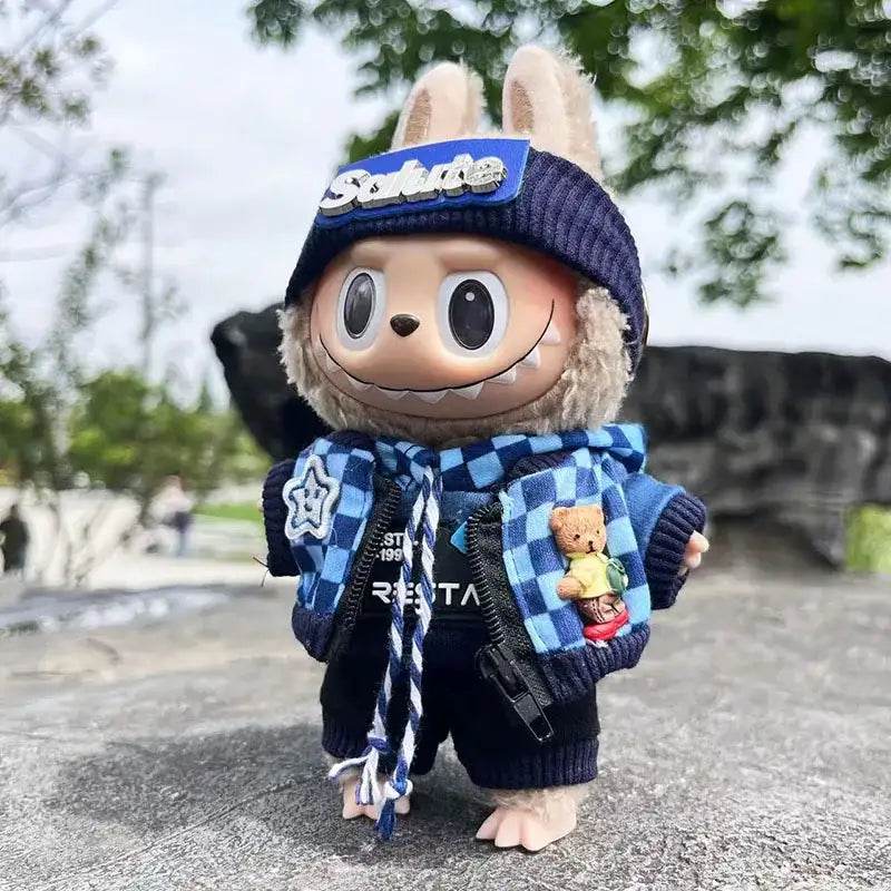 Cute Dress Outfit Clothes Only 17cm Pendant Blue Trendy Plaid Suit Keychain Salute Labubu Doll Clothes Cute Clothing - LaBuBu