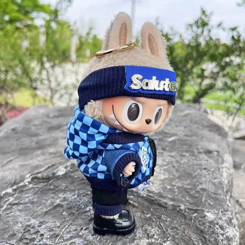Cute Dress Outfit Clothes Only 17cm Pendant Blue Trendy Plaid Suit Keychain Salute Labubu Doll Clothes Cute Clothing - LaBuBu
