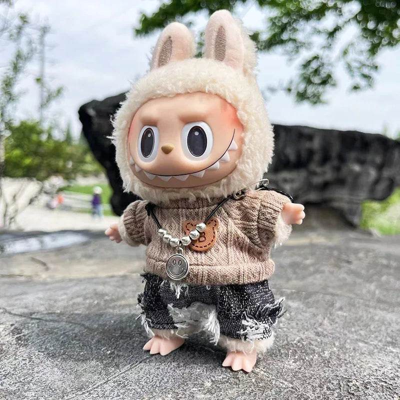 Cute Dress Outfit Clothes Only 17cm Pendant Blue Trendy Plaid Suit Keychain Salute Labubu Doll Clothes Cute Clothing - LaBuBu