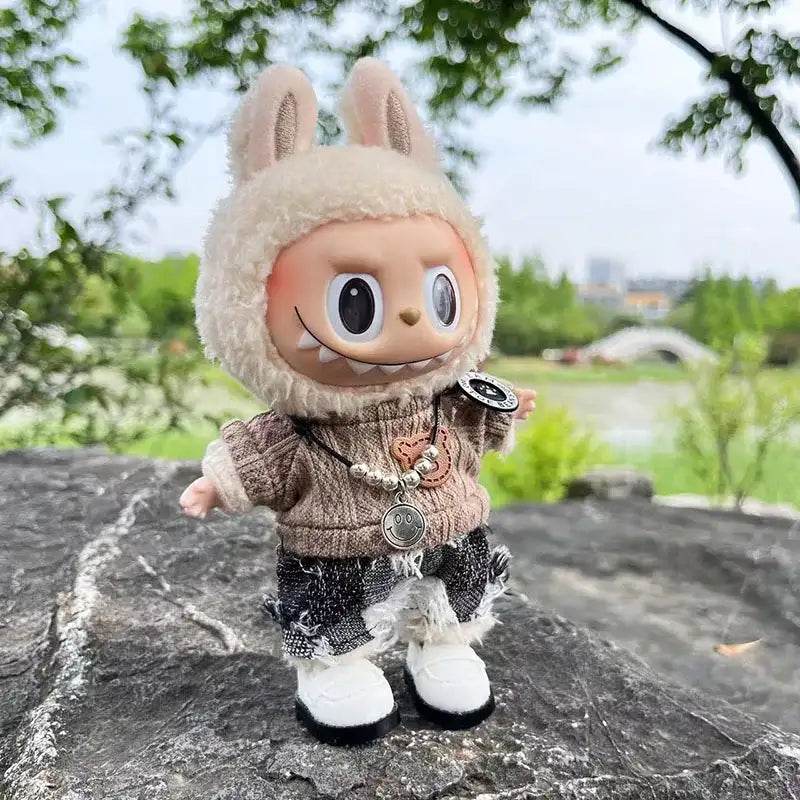 Cute Dress Outfit Clothes Only 17cm Pendant Blue Trendy Plaid Suit Keychain Salute Labubu Doll Clothes Cute Clothing - LaBuBu