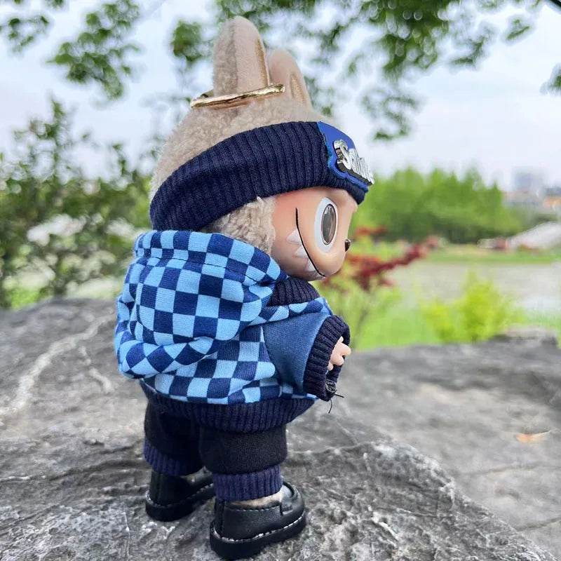 Cute Dress Outfit Clothes Only 17cm Pendant Blue Trendy Plaid Suit Keychain Salute Labubu Doll Clothes Cute Clothing - LaBuBu