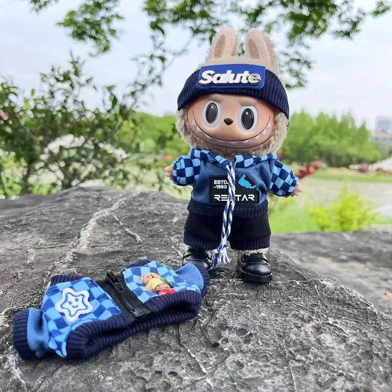 Cute Dress Outfit Clothes Only 17cm Pendant Blue Trendy Plaid Suit Keychain Salute Labubu Doll Clothes Cute Clothing - LaBuBu