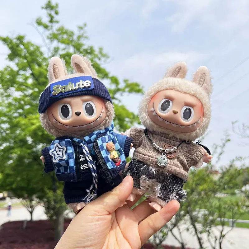 Cute Dress Outfit Clothes Only 17cm Pendant Blue Trendy Plaid Suit Keychain Salute Labubu Doll Clothes Cute Clothing - LaBuBu