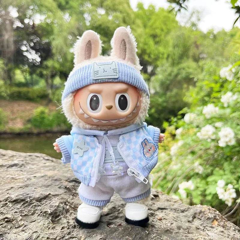 Cute Dress Outfit Clothes Only 17cm Pendant Blue Trendy Plaid Suit Keychain Salute Labubu Doll Clothes Cute Clothing - LaBuBu