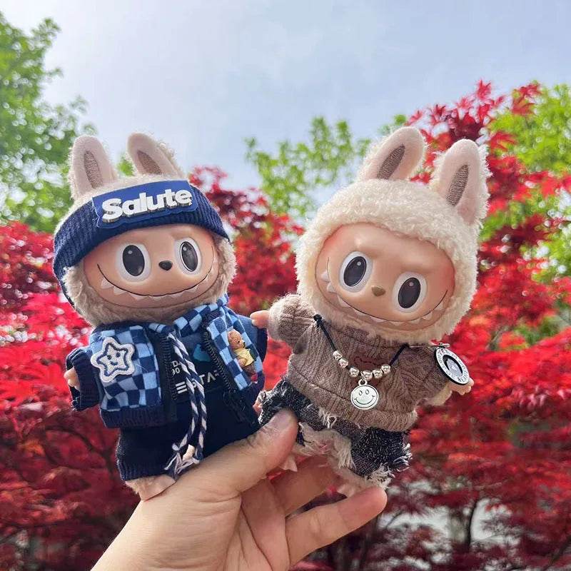 Cute Dress Outfit Clothes Only 17cm Pendant Blue Trendy Plaid Suit Keychain Salute Labubu Doll Clothes Cute Clothing - LaBuBu